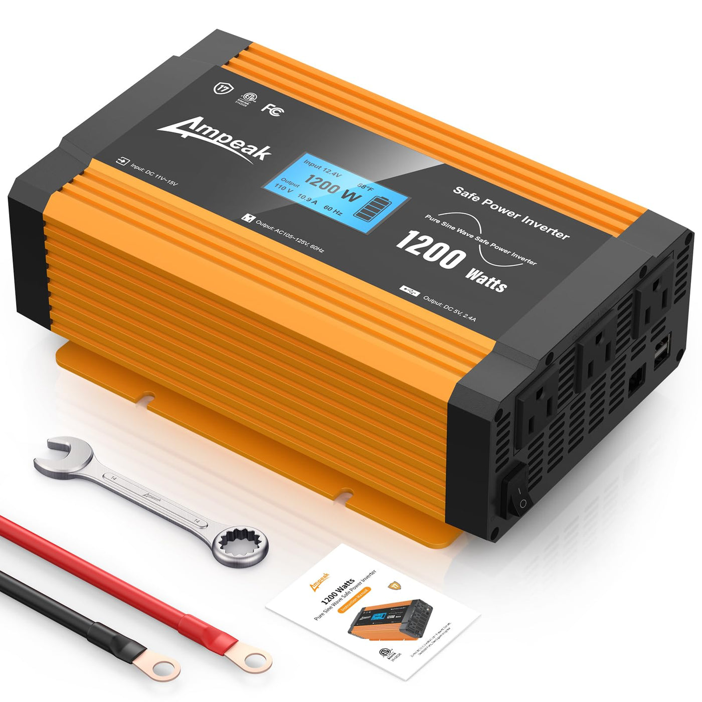 Ampeak 1200W/2400W Peak Pure Sine Wave Power Inverter（DC 12V to AC 110V）