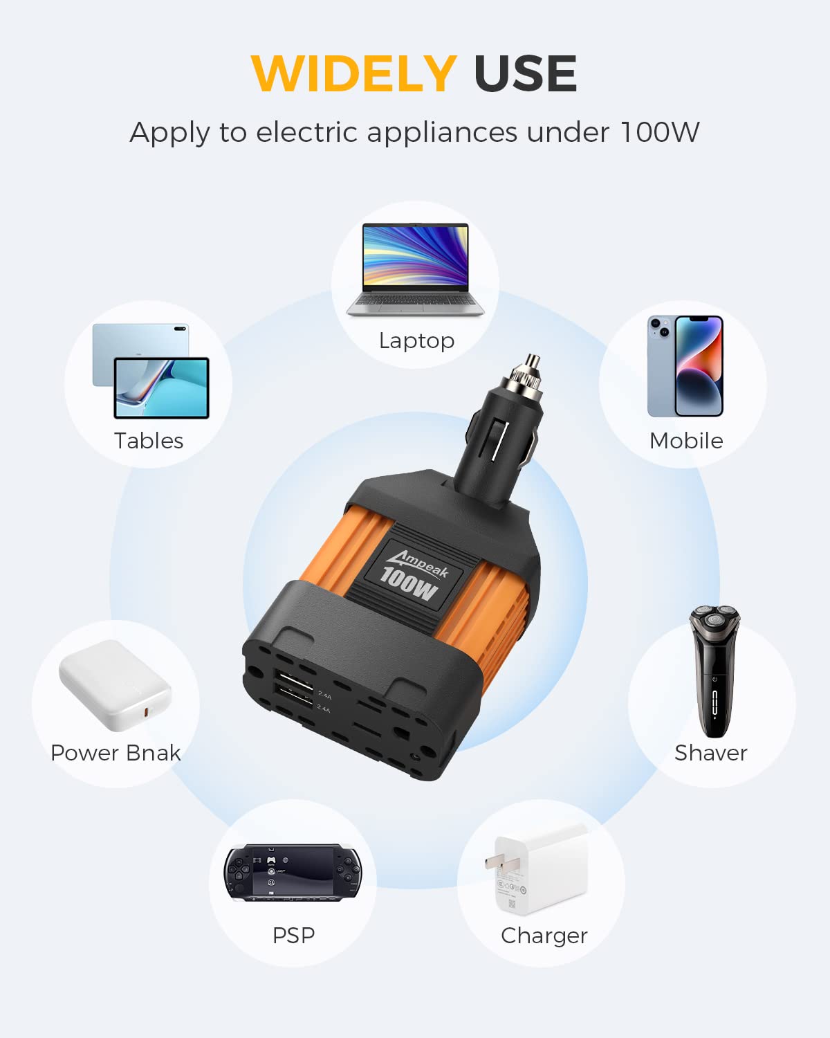 Ampeak 100W Car Power Inverter 4.8A Dual USB Ports AC Outlet