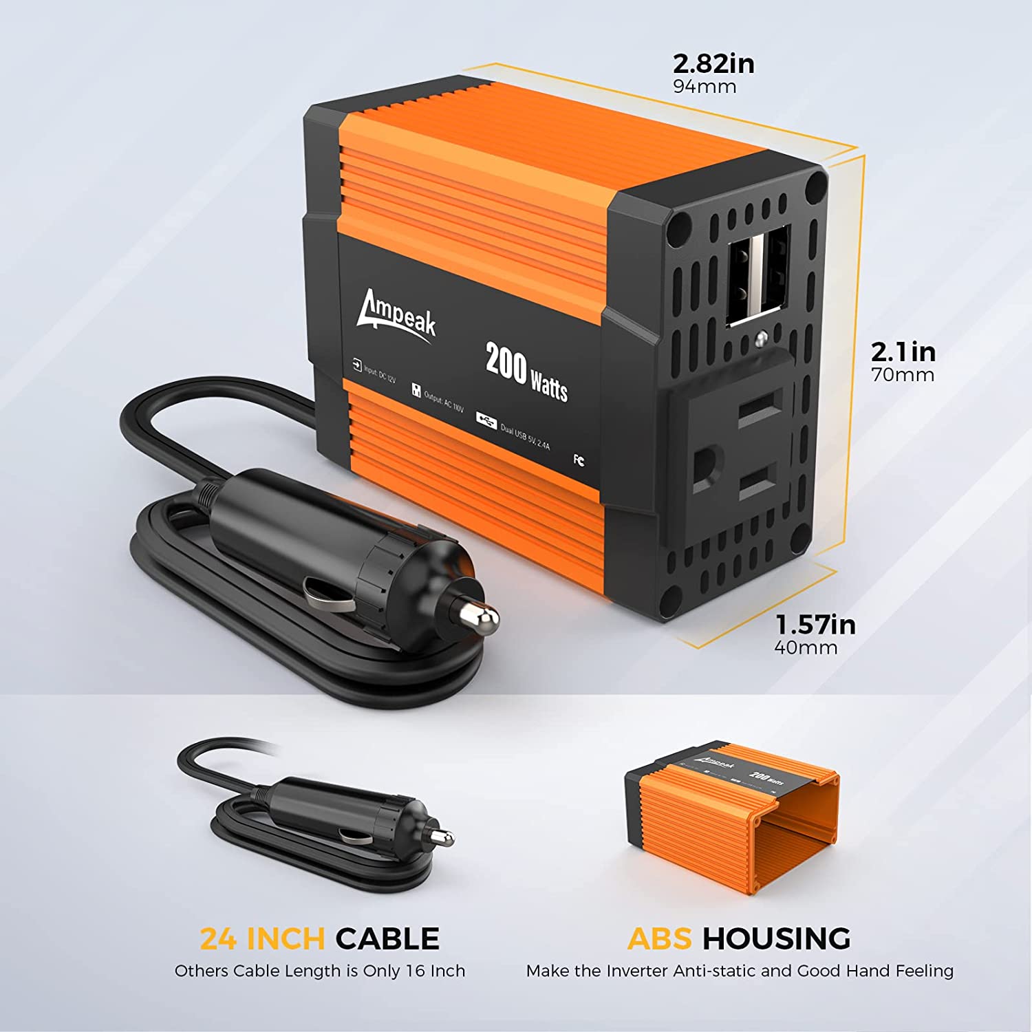 Car Converter 4.8 a Dual Usb Ports, Ampeak Power Inverter